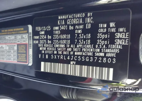 2025 Kia Sorento S from USA, damaged, VIN 5XYRL4JC5SG372803